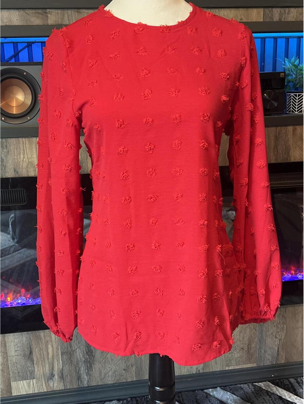 Fantaslook Red Textured Long Sleeve Top, Size Small